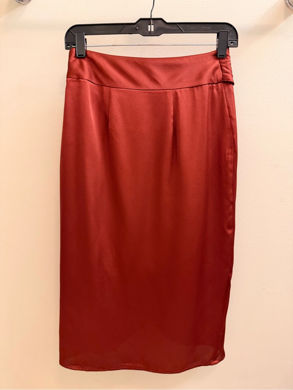 NWT Express Satin Tie-Waist Faux Wrap Midi Skirt- Rust Red Size 2 - Picture 6 of 11